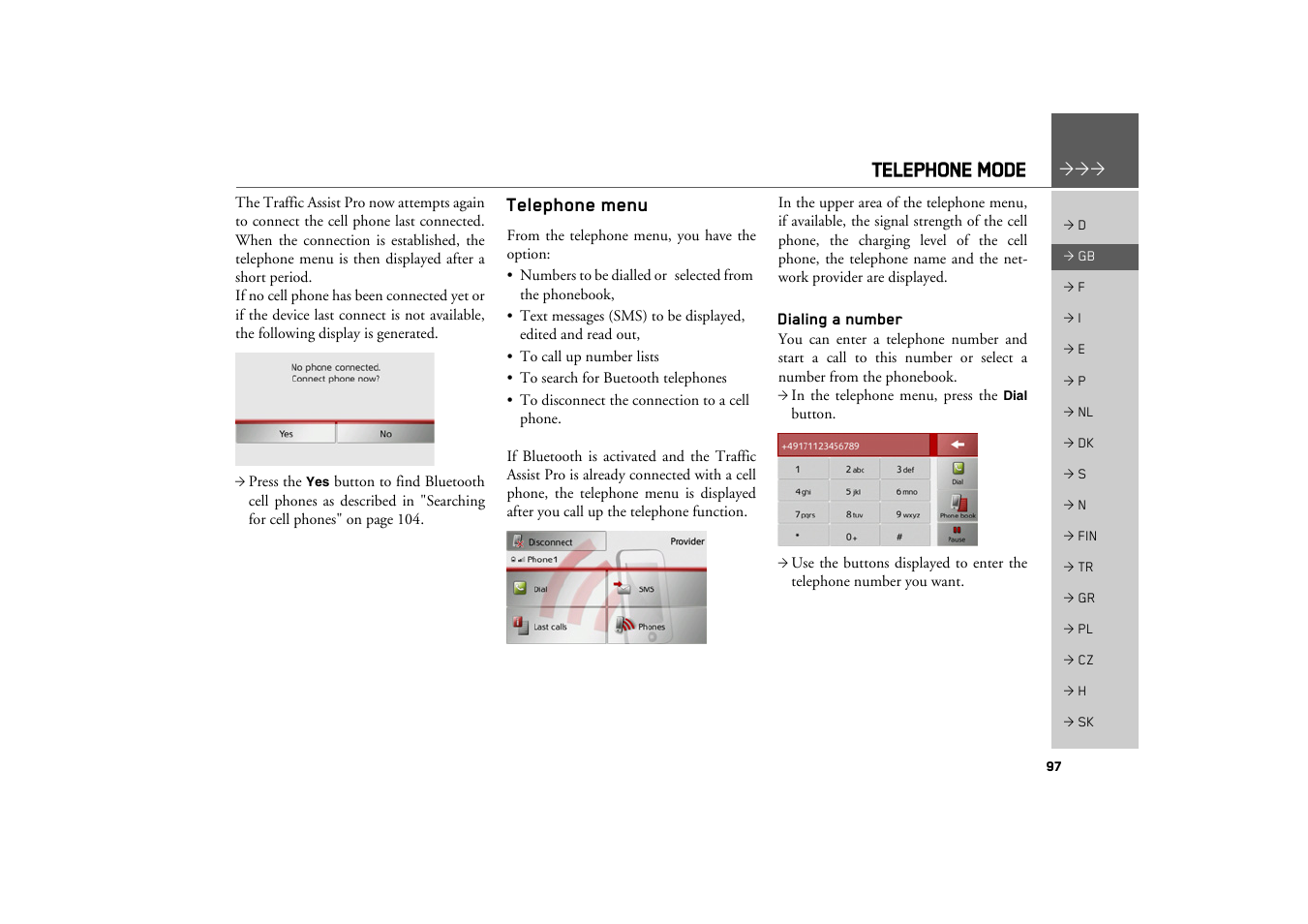 Telephone menu, Dialing a number, Telephone mode | Becker TRAFFIC ASSIST PRO Z302 User Manual | Page 97 / 138