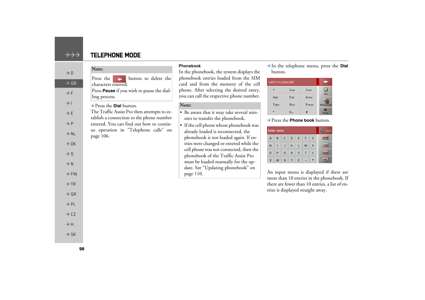 Phonebook, Telephone mode | Becker TRAFFIC ASSIST PRO Z302 User Manual | Page 98 / 138