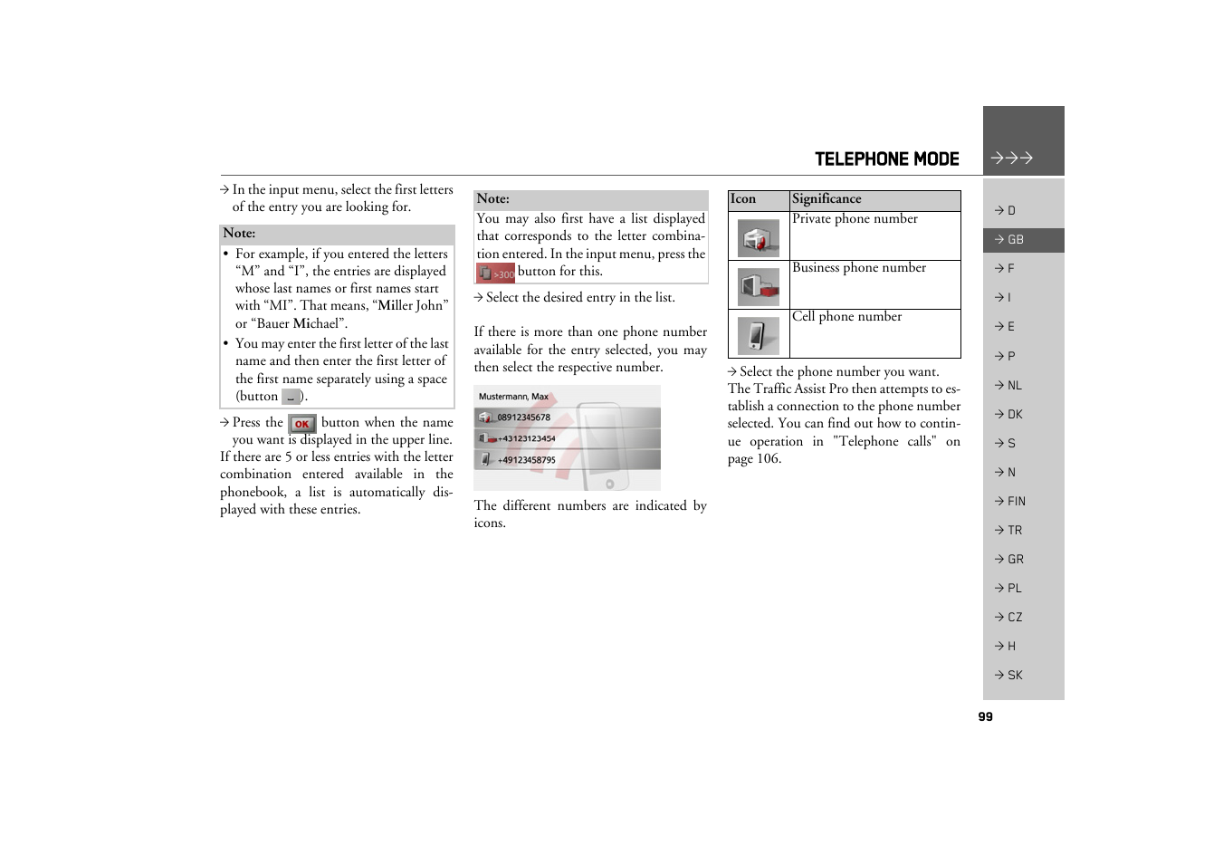 Telephone mode | Becker TRAFFIC ASSIST PRO Z302 User Manual | Page 99 / 138