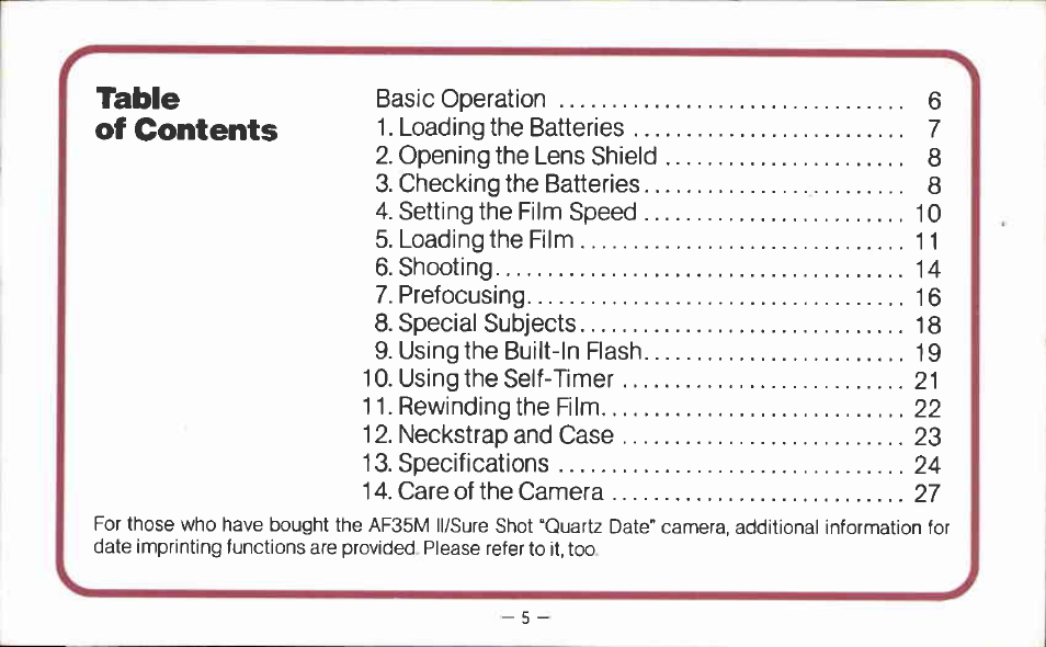 Table, Of contents | Canon AF35MII User Manual | Page 5 / 41