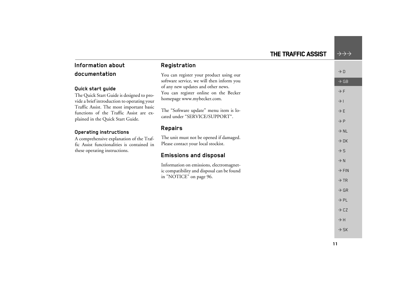 Information about documentation, Quick start guide, Operating instructions | Registration, Repairs, Emissions and disposal | Becker TRAFFIC ASSIST Z100 Crocodile User Manual | Page 11 / 99