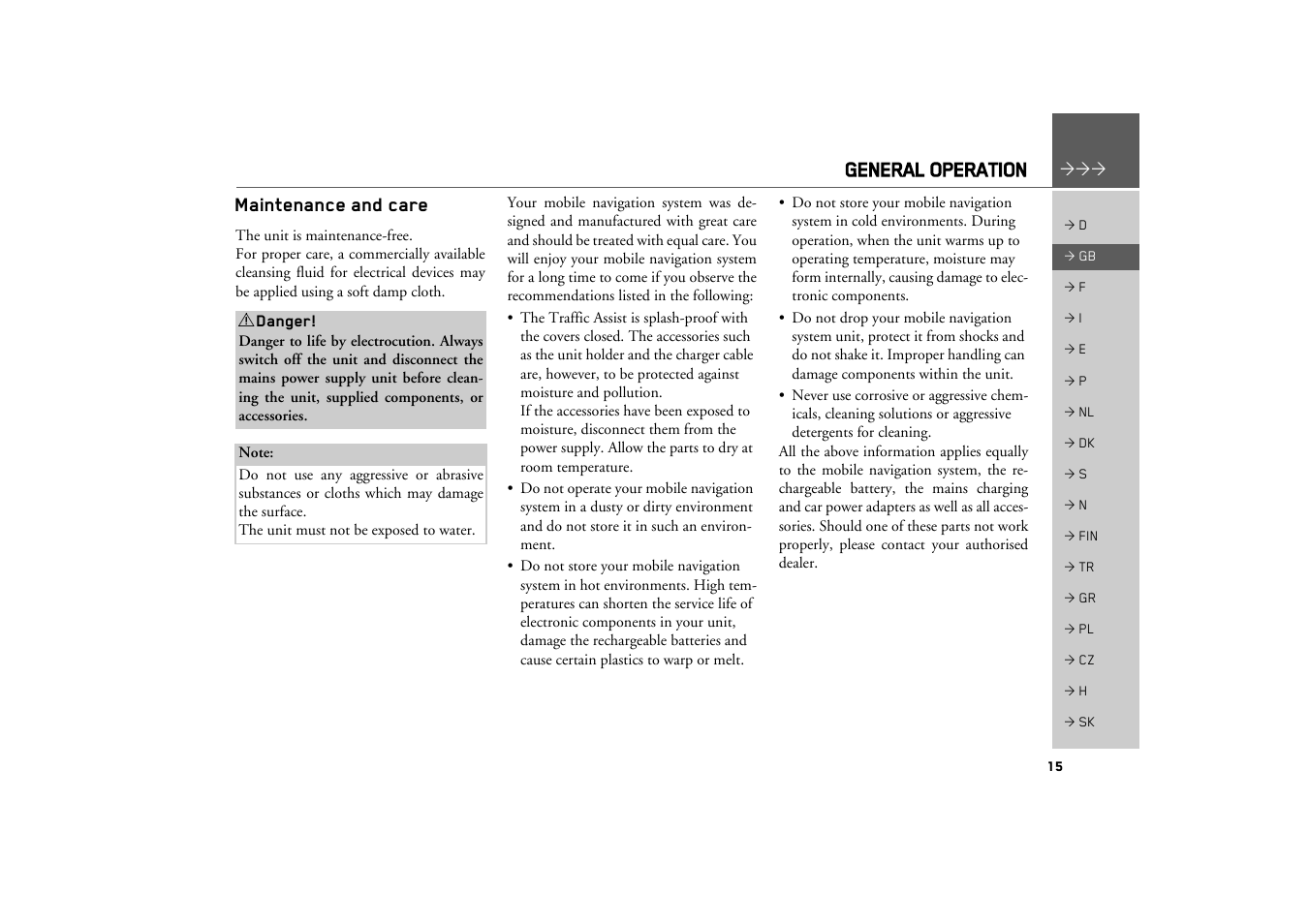 General operation, Maintenance and care | Becker TRAFFIC ASSIST Z100 Crocodile User Manual | Page 15 / 99