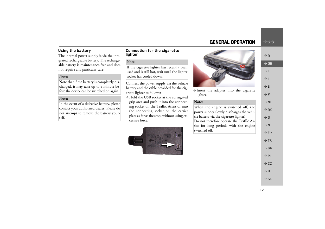 Using the battery, Connection for the cigarette lighter, General operation | Becker TRAFFIC ASSIST Z100 Crocodile User Manual | Page 17 / 99