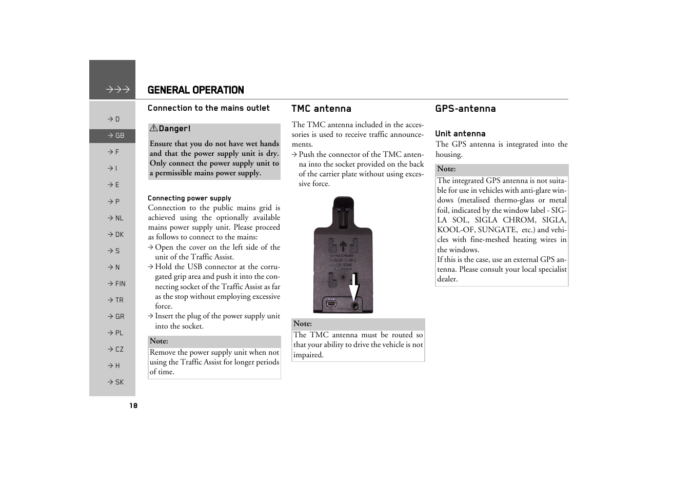 Connection to the mains outlet, Connecting power supply, Tmc antenna | Gps-antenna, Unit antenna, General operation | Becker TRAFFIC ASSIST Z100 Crocodile User Manual | Page 18 / 99