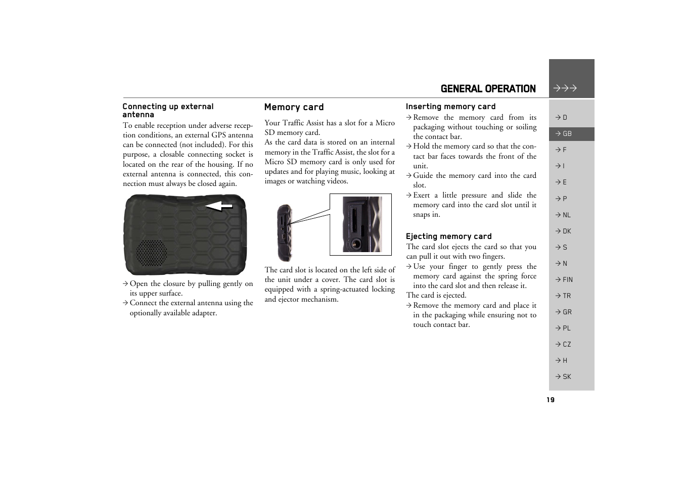 Connecting up external antenna, Memory card, Inserting memory card | Ejecting memory card, General operation | Becker TRAFFIC ASSIST Z100 Crocodile User Manual | Page 19 / 99