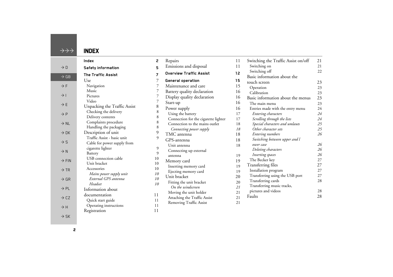 Index | Becker TRAFFIC ASSIST Z100 Crocodile User Manual | Page 2 / 99