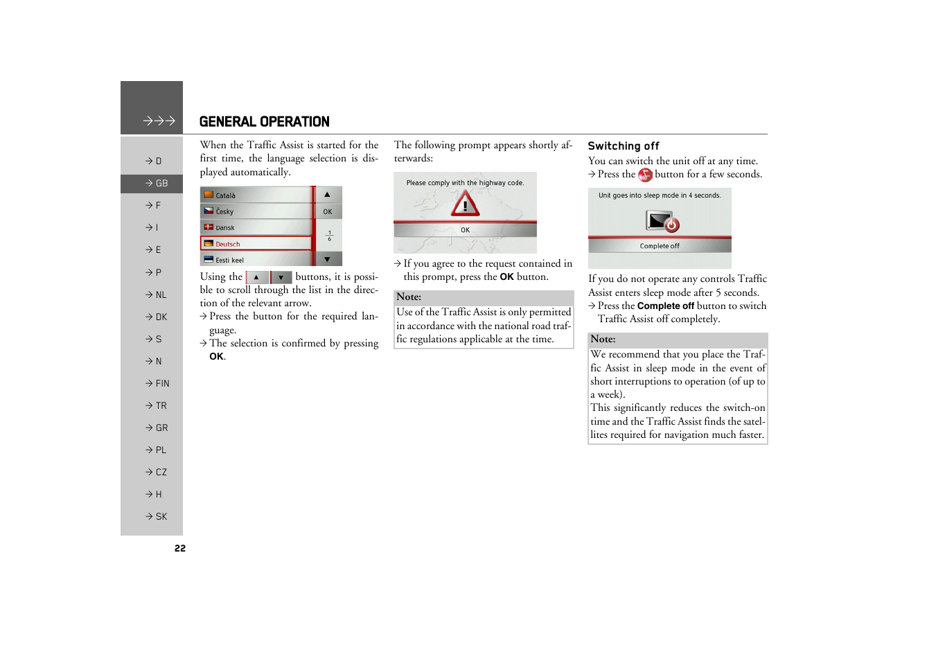 Switching off, General operation | Becker TRAFFIC ASSIST Z100 Crocodile User Manual | Page 22 / 99