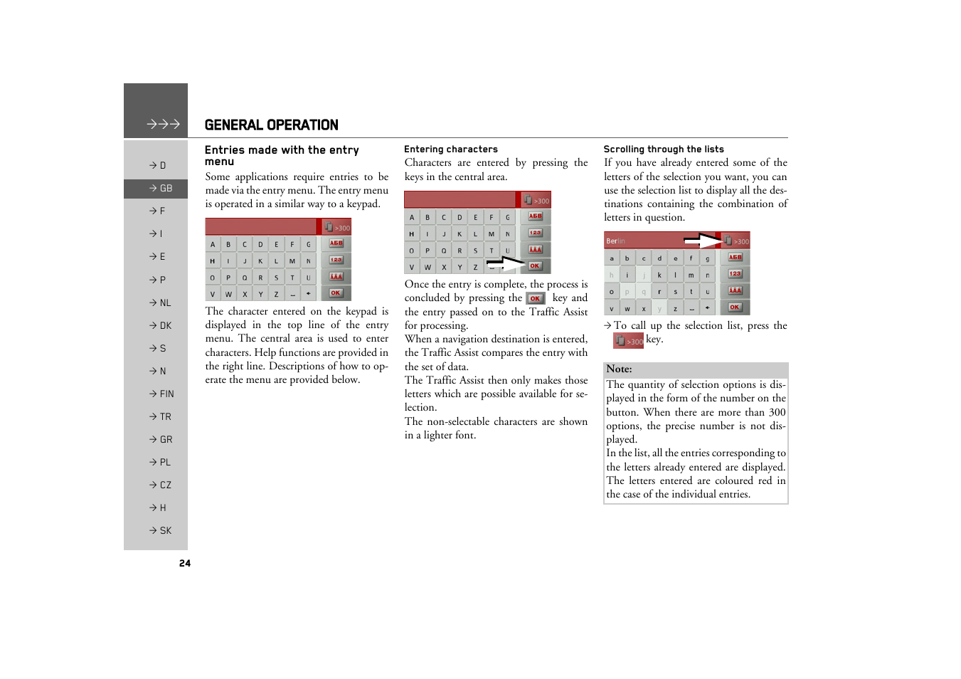 Entries made with the entry menu, Entering characters, Scrolling through the lists | General operation | Becker TRAFFIC ASSIST Z100 Crocodile User Manual | Page 24 / 99