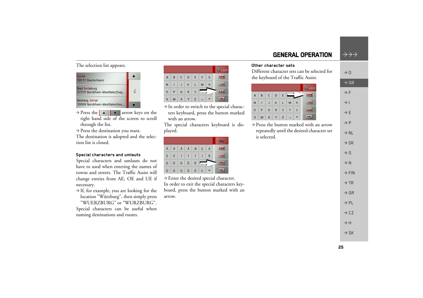 Special characters and umlauts, Other character sets, General operation | Becker TRAFFIC ASSIST Z100 Crocodile User Manual | Page 25 / 99