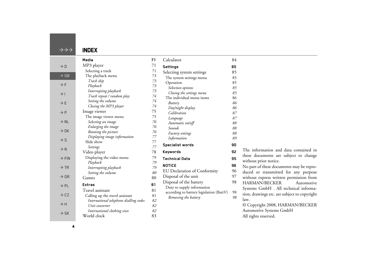Index | Becker TRAFFIC ASSIST Z100 Crocodile User Manual | Page 4 / 99