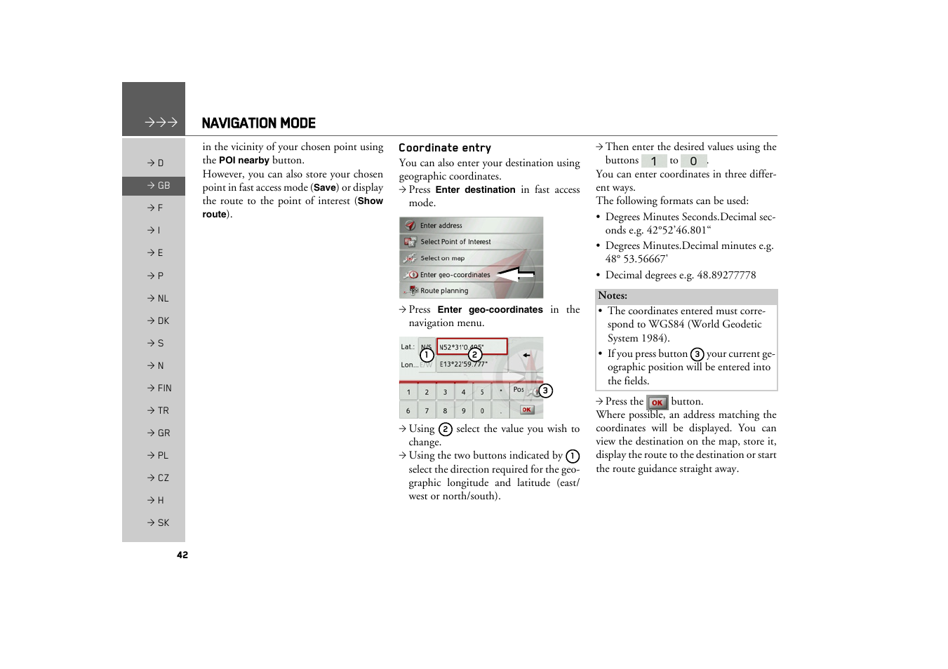 Coordinate entry, Navigation mode | Becker TRAFFIC ASSIST Z100 Crocodile User Manual | Page 42 / 99
