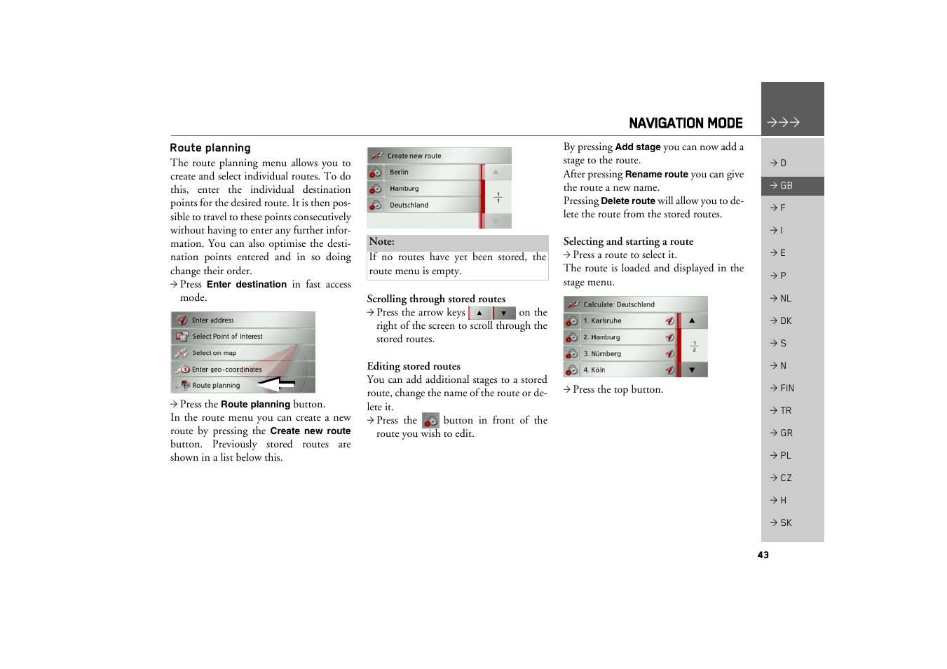 Route planning, Navigation mode | Becker TRAFFIC ASSIST Z100 Crocodile User Manual | Page 43 / 99