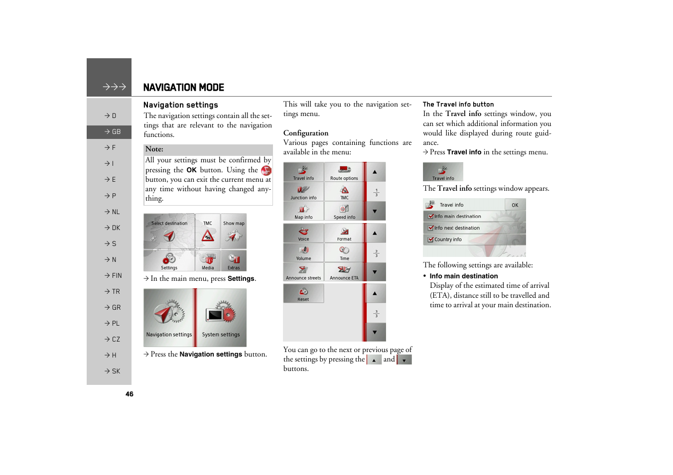 Navigation settings, The travel info button, Navigation mode | Becker TRAFFIC ASSIST Z100 Crocodile User Manual | Page 46 / 99