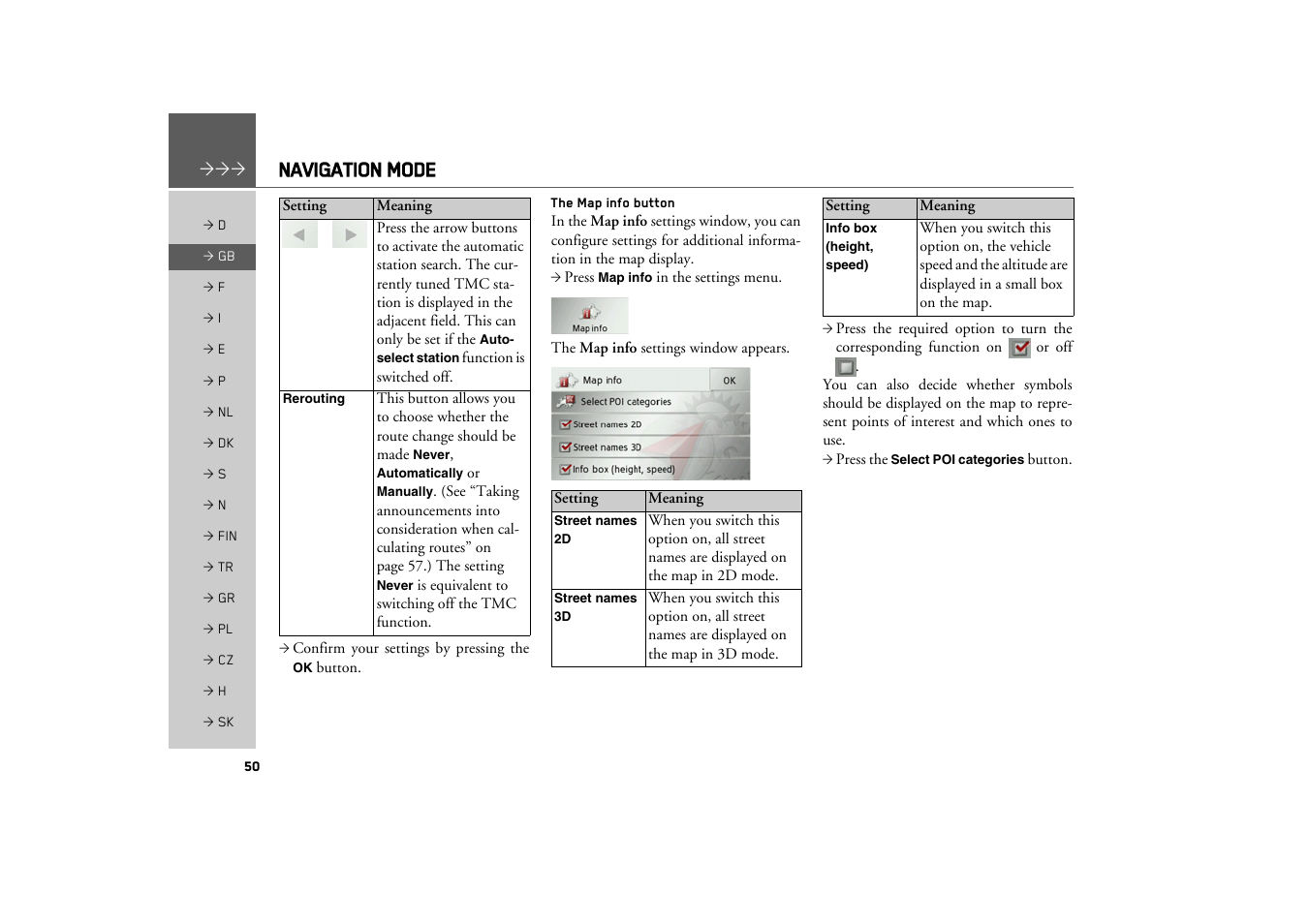 The map info button, Navigation mode | Becker TRAFFIC ASSIST Z100 Crocodile User Manual | Page 50 / 99