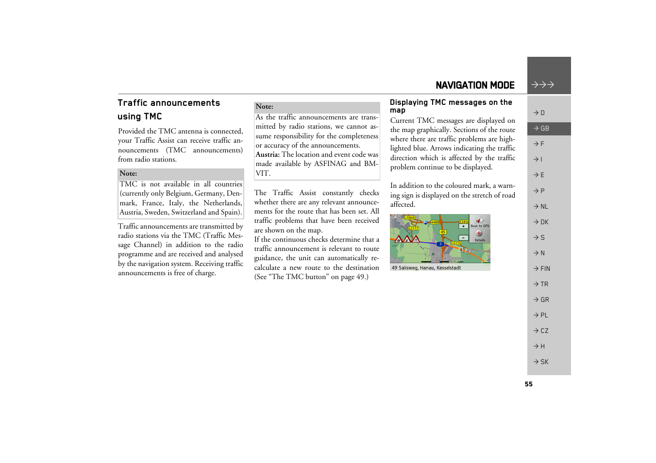 Traffic announcements using tmc, Displaying tmc messages on the map, Displaying tmc messages on the map 55 | Navigation mode | Becker TRAFFIC ASSIST Z100 Crocodile User Manual | Page 55 / 99