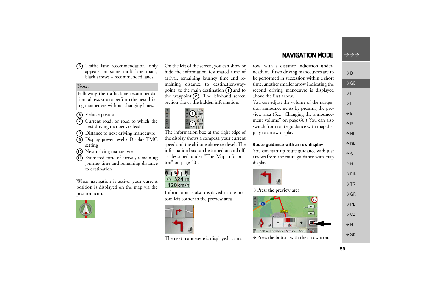 Route guidance with arrow display, Navigation mode | Becker TRAFFIC ASSIST Z100 Crocodile User Manual | Page 59 / 99