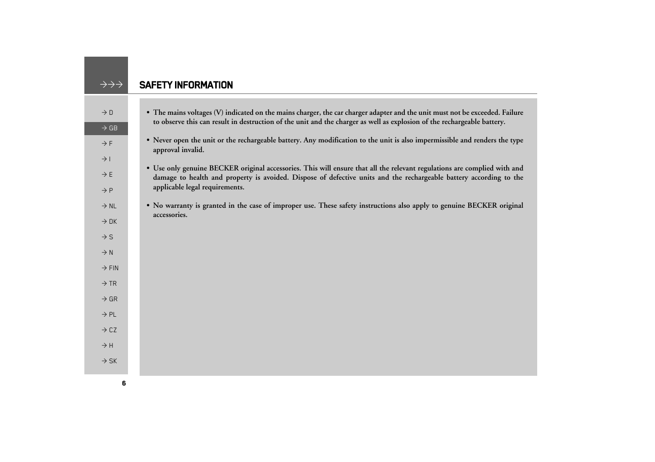 Safety information | Becker TRAFFIC ASSIST Z100 Crocodile User Manual | Page 6 / 99