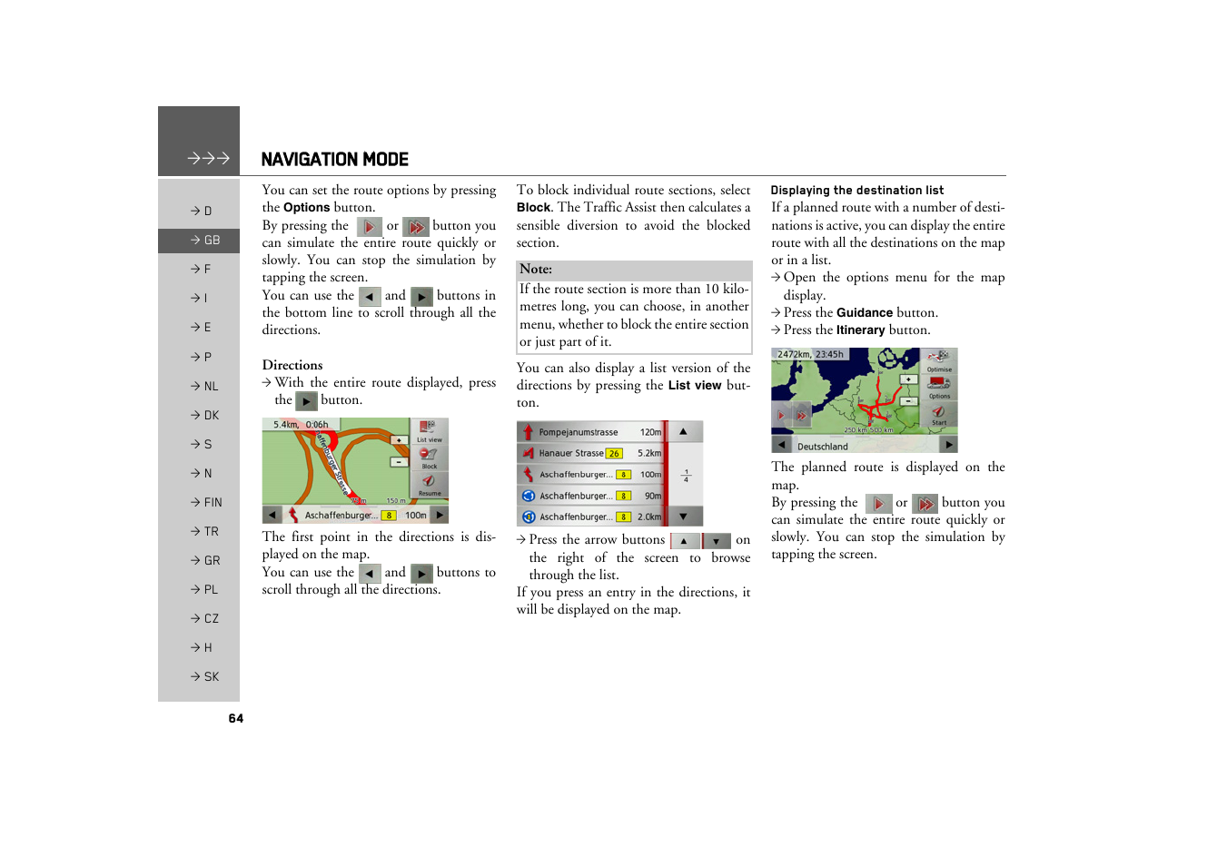 Displaying the destination list, Navigation mode | Becker TRAFFIC ASSIST Z100 Crocodile User Manual | Page 64 / 99