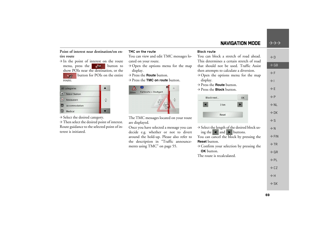 Tmc on the route, Block route, Navigation mode | Becker TRAFFIC ASSIST Z100 Crocodile User Manual | Page 69 / 99