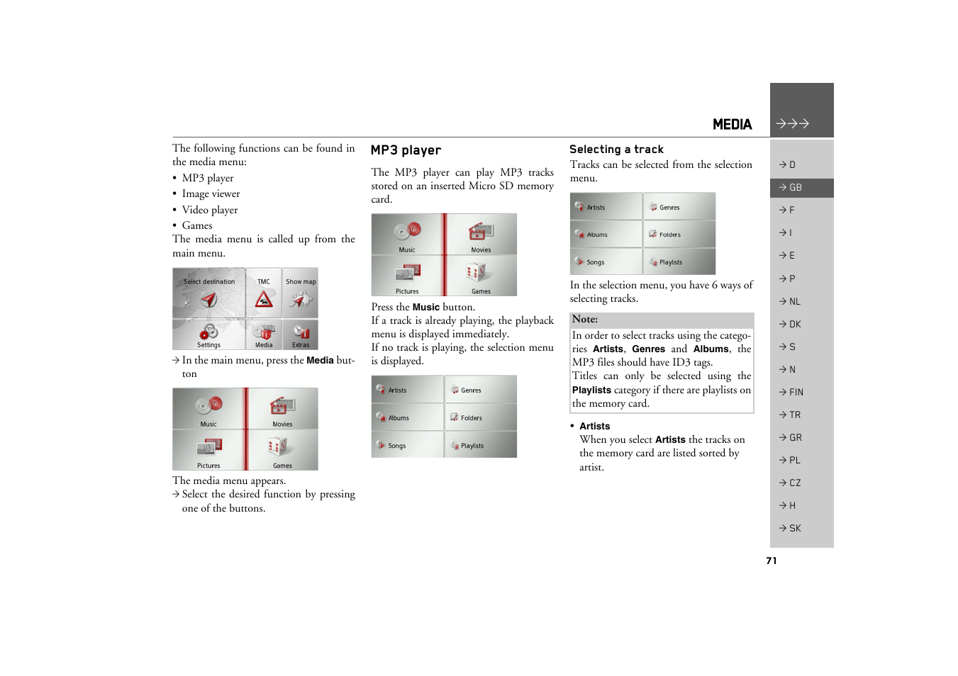 Media, Mp3 player, Selecting a track | Becker TRAFFIC ASSIST Z100 Crocodile User Manual | Page 71 / 99