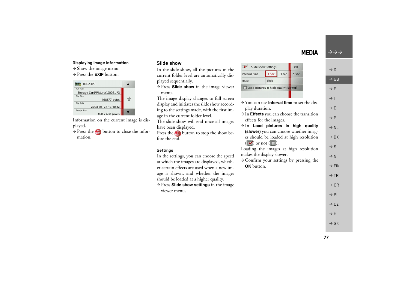 Displaying image information, Slide show, Settings | Media | Becker TRAFFIC ASSIST Z100 Crocodile User Manual | Page 77 / 99