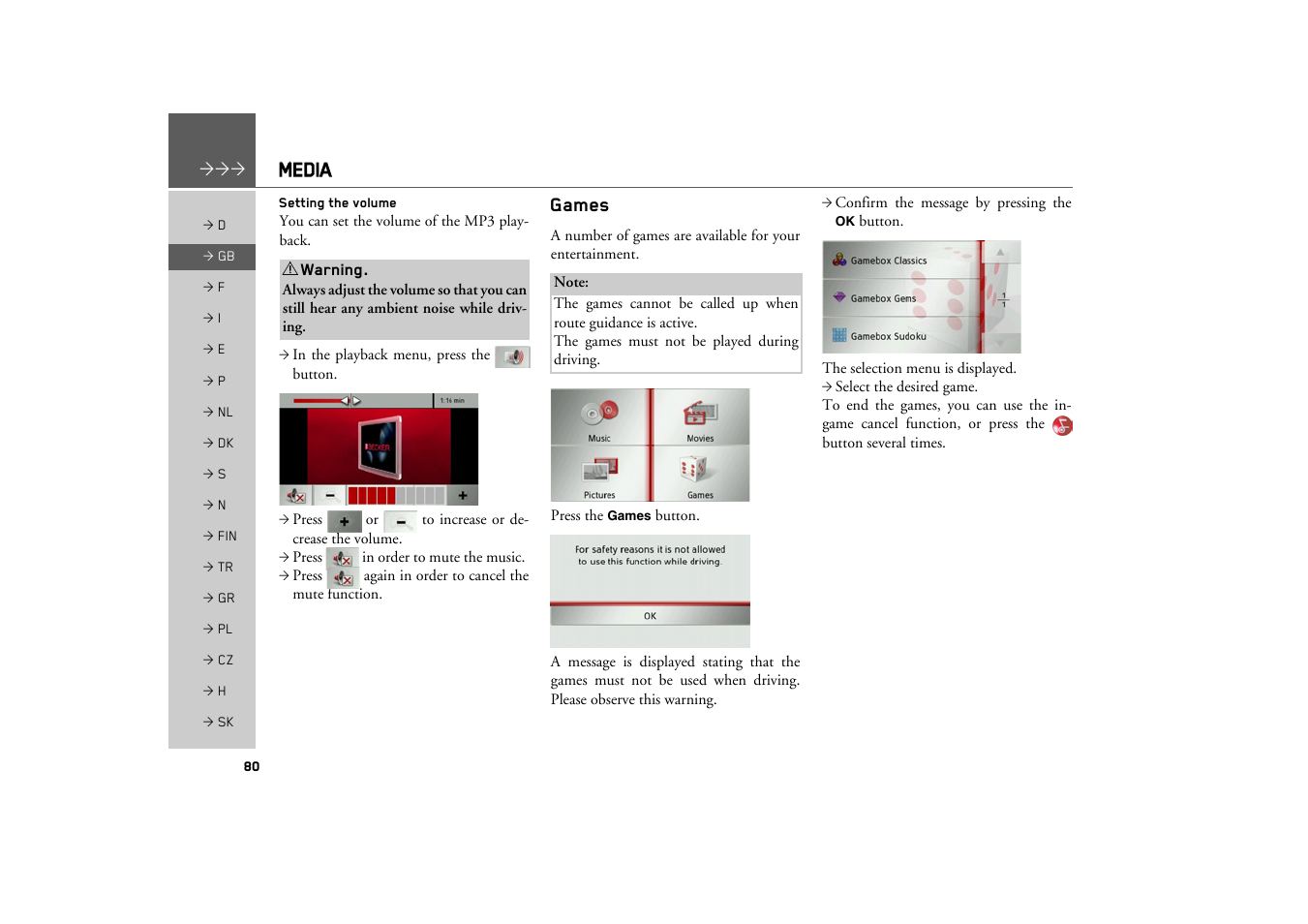 Setting the volume, Games, Media | Becker TRAFFIC ASSIST Z100 Crocodile User Manual | Page 80 / 99