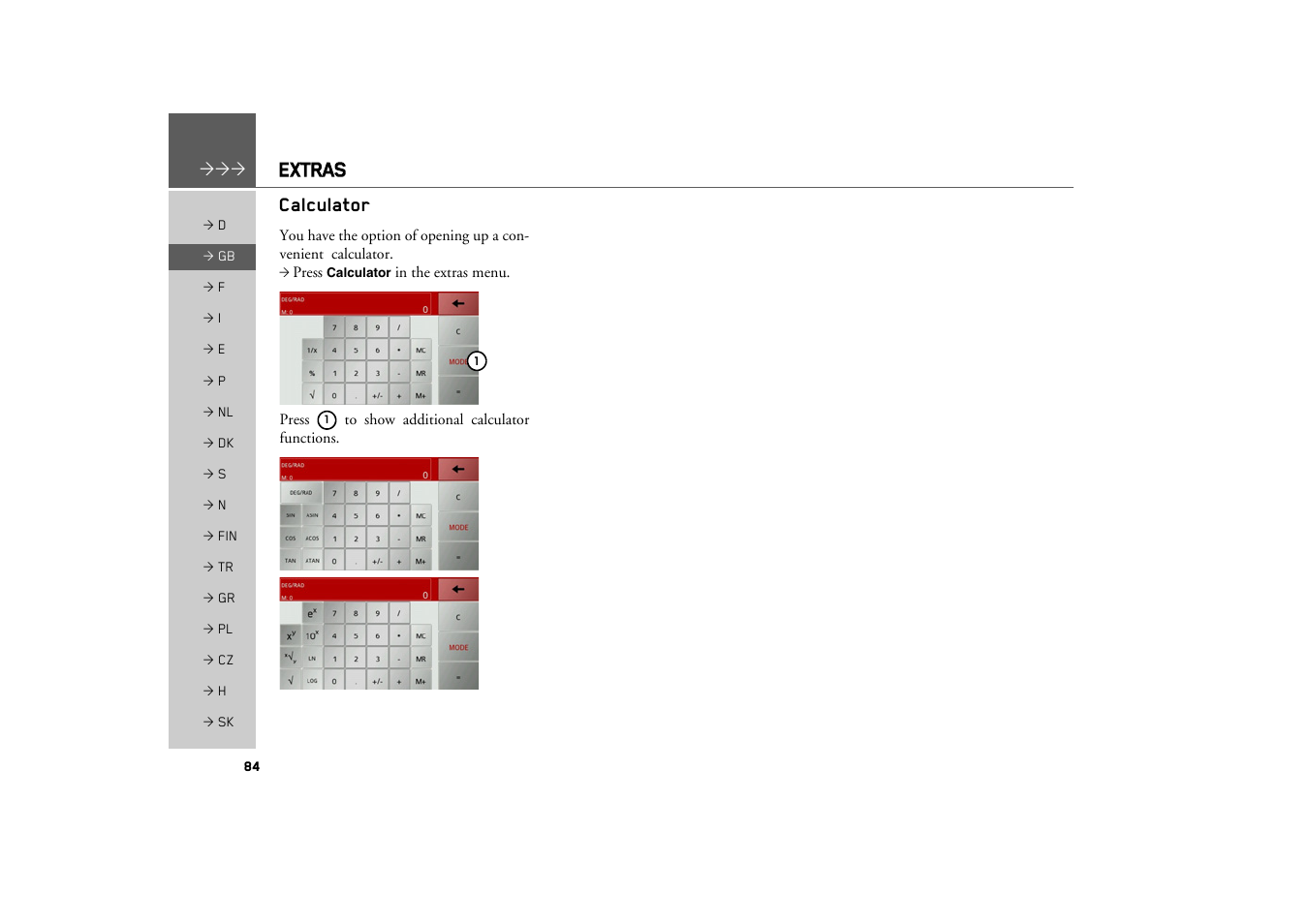 Calculator, Extras | Becker TRAFFIC ASSIST Z100 Crocodile User Manual | Page 84 / 99