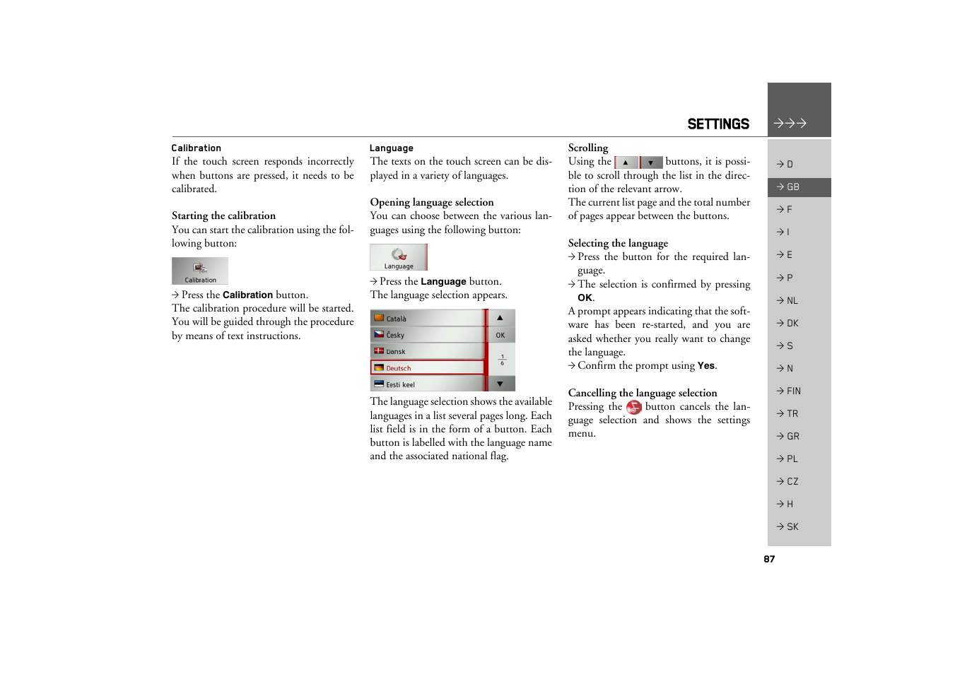 Calibration, Language, Settings | Becker TRAFFIC ASSIST Z100 Crocodile User Manual | Page 87 / 99