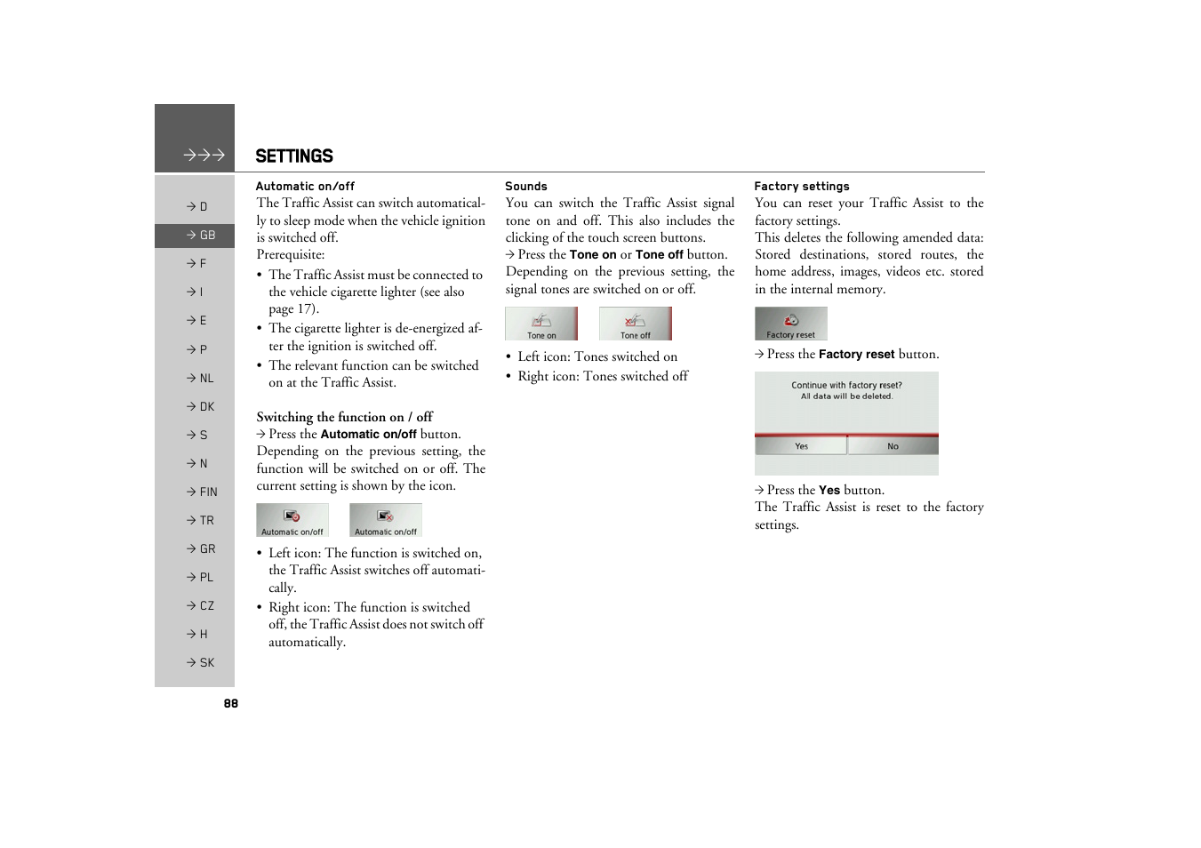 Automatic on/off, Sounds, Factory settings | Settings | Becker TRAFFIC ASSIST Z100 Crocodile User Manual | Page 88 / 99