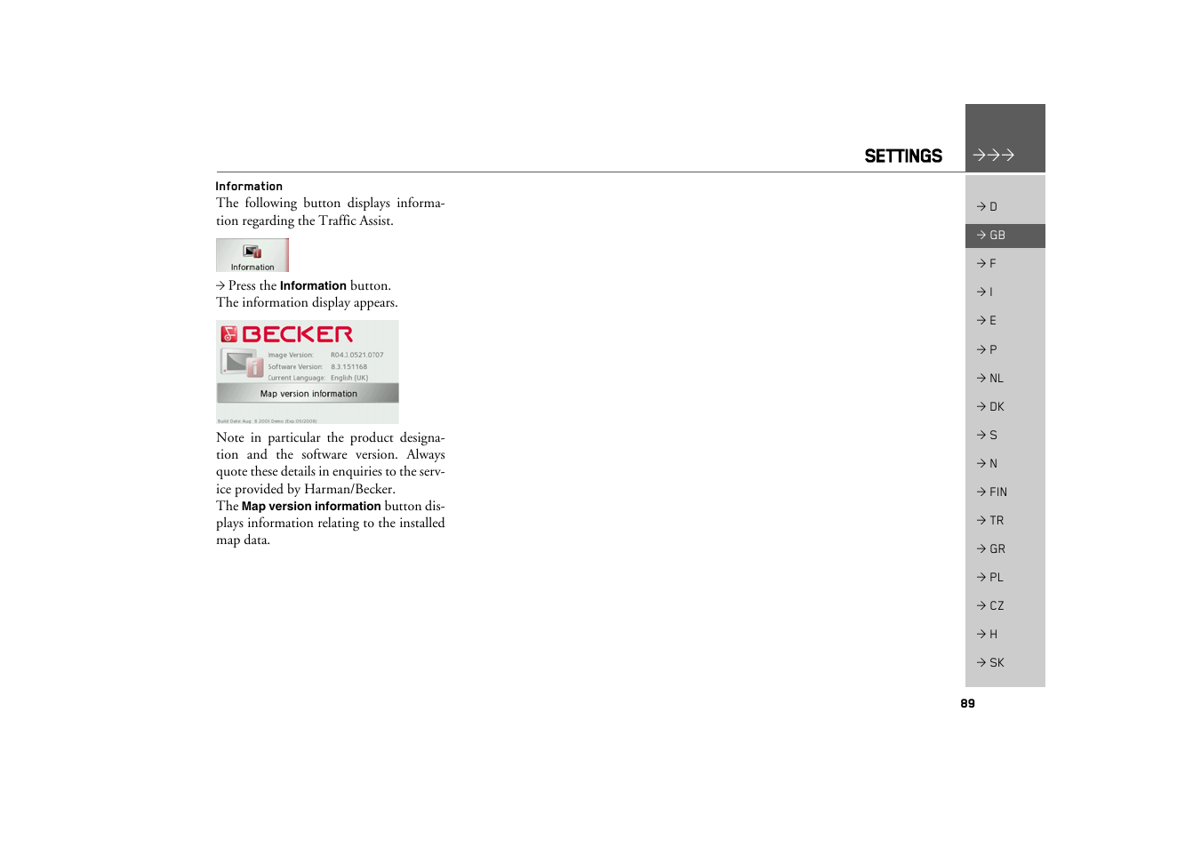 Information, Settings | Becker TRAFFIC ASSIST Z100 Crocodile User Manual | Page 89 / 99