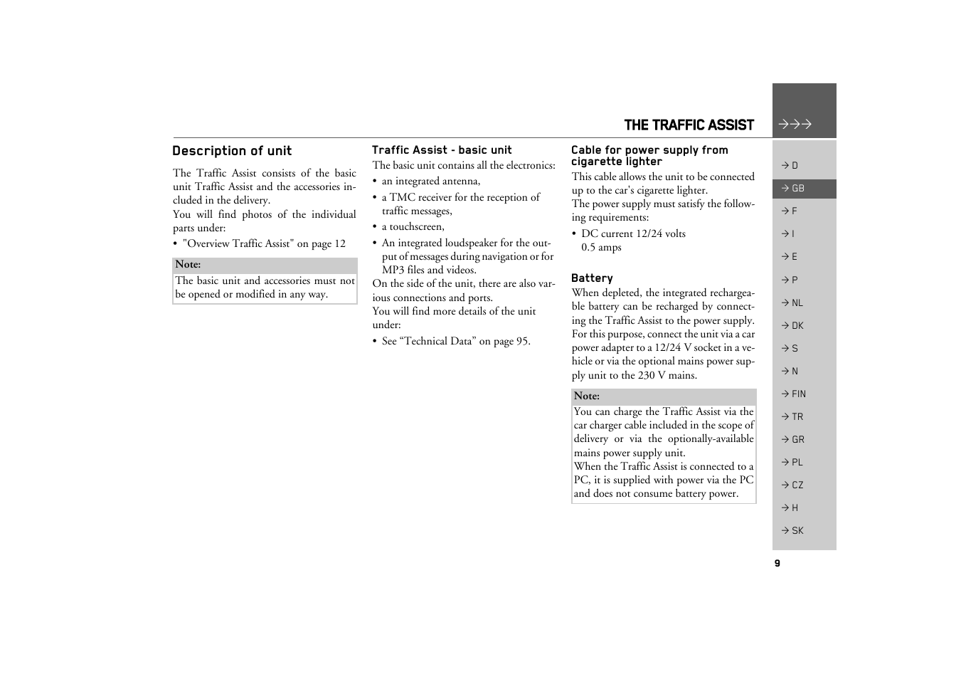 Description of unit, Traffic assist - basic unit, Cable for power supply from cigarette lighter | Battery | Becker TRAFFIC ASSIST Z100 Crocodile User Manual | Page 9 / 99