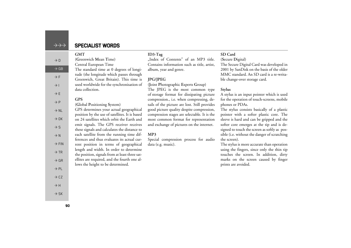 Specialist words | Becker TRAFFIC ASSIST Z100 Crocodile User Manual | Page 90 / 99