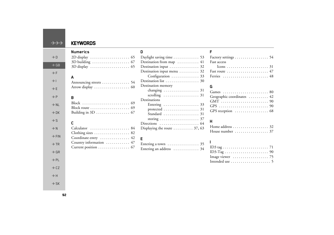 Keywords | Becker TRAFFIC ASSIST Z100 Crocodile User Manual | Page 92 / 99