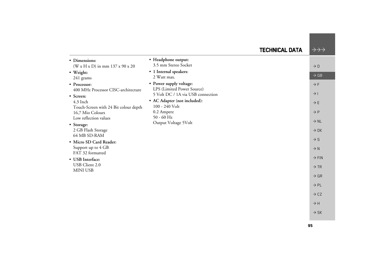 Technical data | Becker TRAFFIC ASSIST Z100 Crocodile User Manual | Page 95 / 99