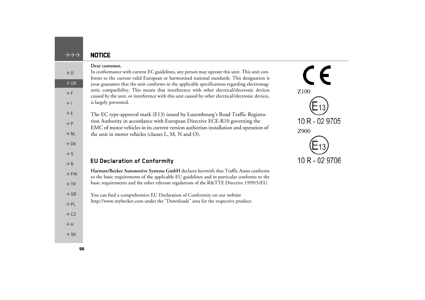 Notice, Eu declaration of conformity | Becker TRAFFIC ASSIST Z100 Crocodile User Manual | Page 96 / 99