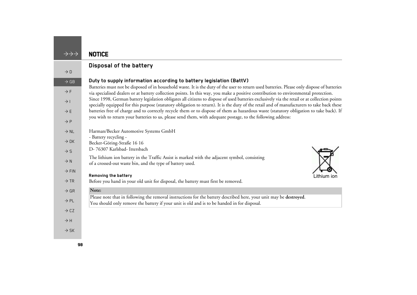 Disposal of the battery, Removing the battery, Notice | Becker TRAFFIC ASSIST Z100 Crocodile User Manual | Page 98 / 99