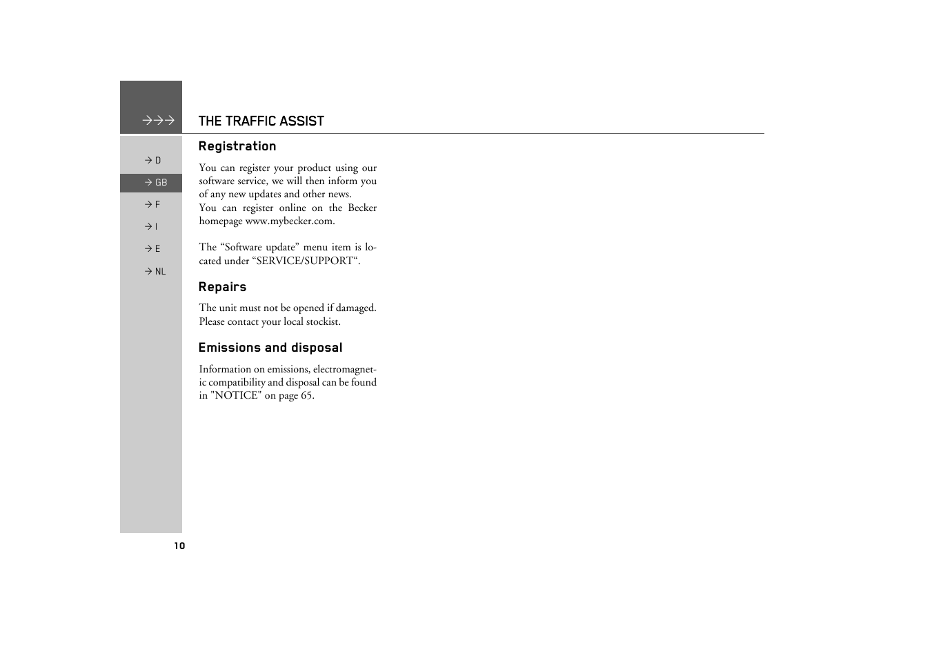 Registration, Repairs, Emissions and disposal | Becker TRAFFIC ASSIST Z101 User Manual | Page 10 / 68