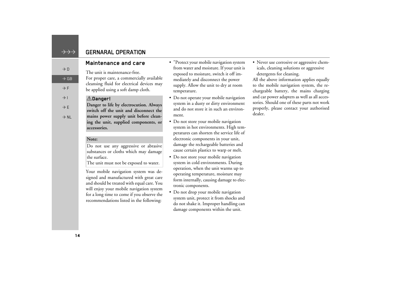 Gernaral operation, Maintenance and care | Becker TRAFFIC ASSIST Z101 User Manual | Page 14 / 68