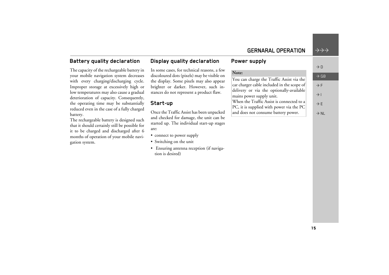 Battery quality declaration, Display quality declaration, Start-up | Power supply | Becker TRAFFIC ASSIST Z101 User Manual | Page 15 / 68