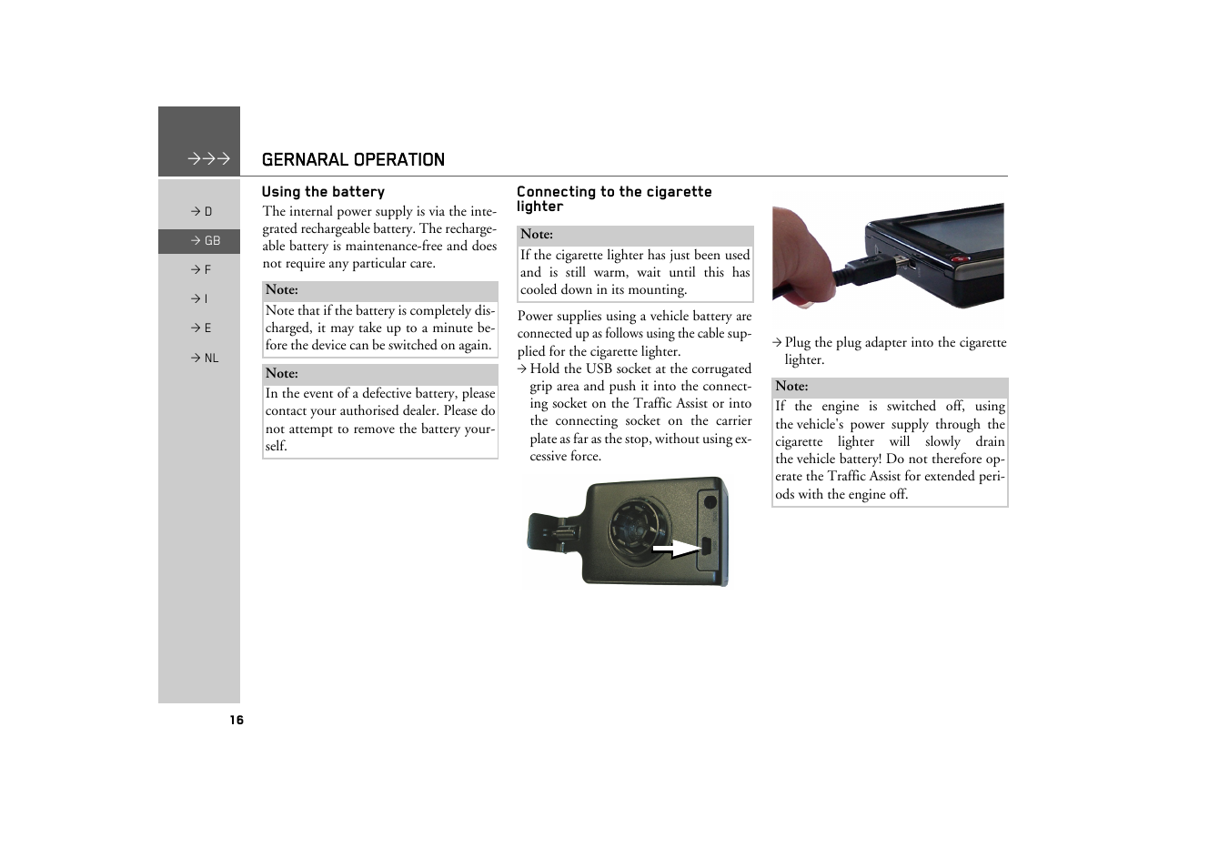 Using the battery, Connecting to the cigarette lighter | Becker TRAFFIC ASSIST Z101 User Manual | Page 16 / 68
