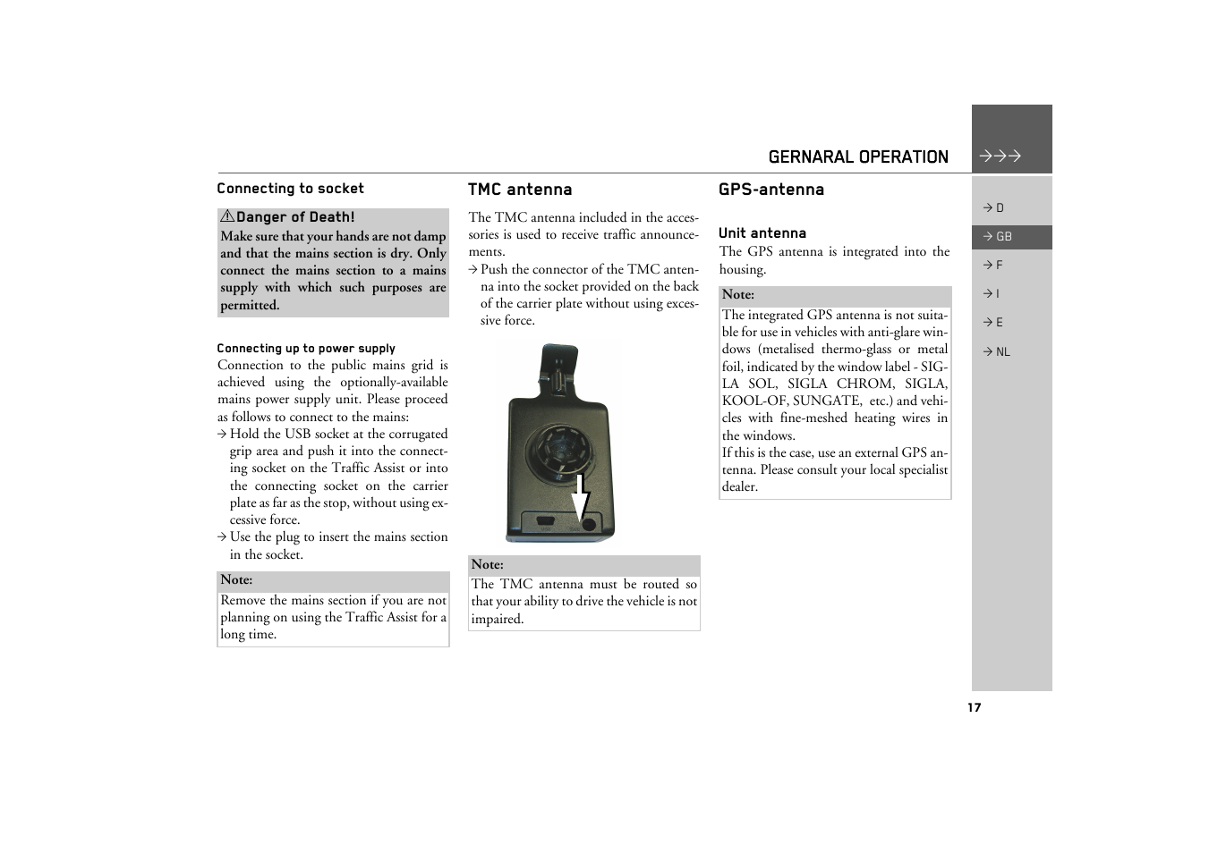 Connecting to socket, Connecting up to power supply, Tmc antenna | Gps-antenna, Unit antenna | Becker TRAFFIC ASSIST Z101 User Manual | Page 17 / 68