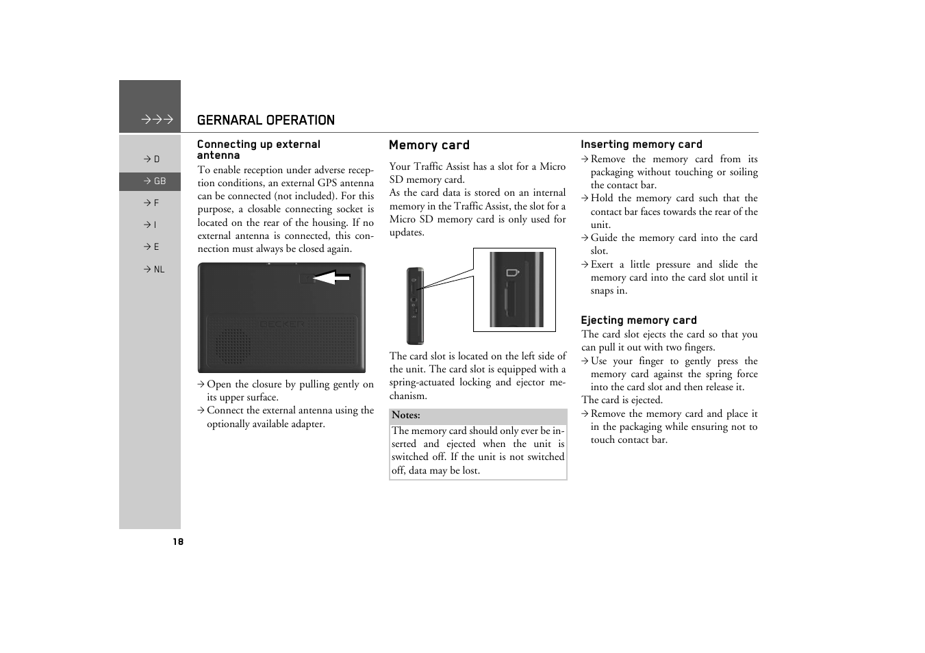 Connecting up external antenna, Memory card, Inserting memory card | Ejecting memory card | Becker TRAFFIC ASSIST Z101 User Manual | Page 18 / 68