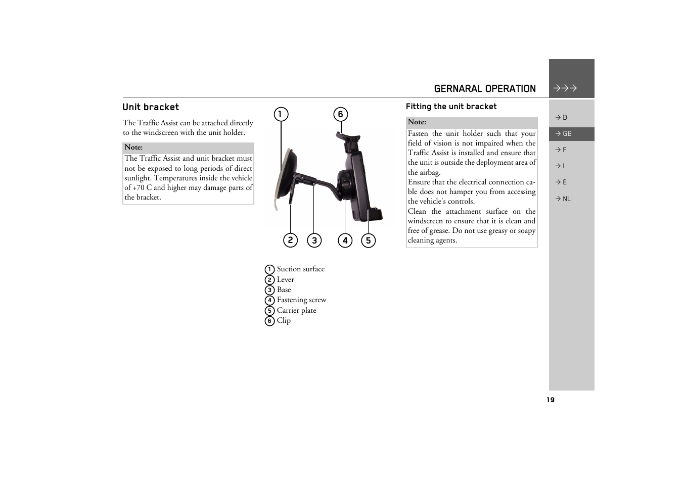 Unit bracket, Fitting the unit bracket | Becker TRAFFIC ASSIST Z101 User Manual | Page 19 / 68