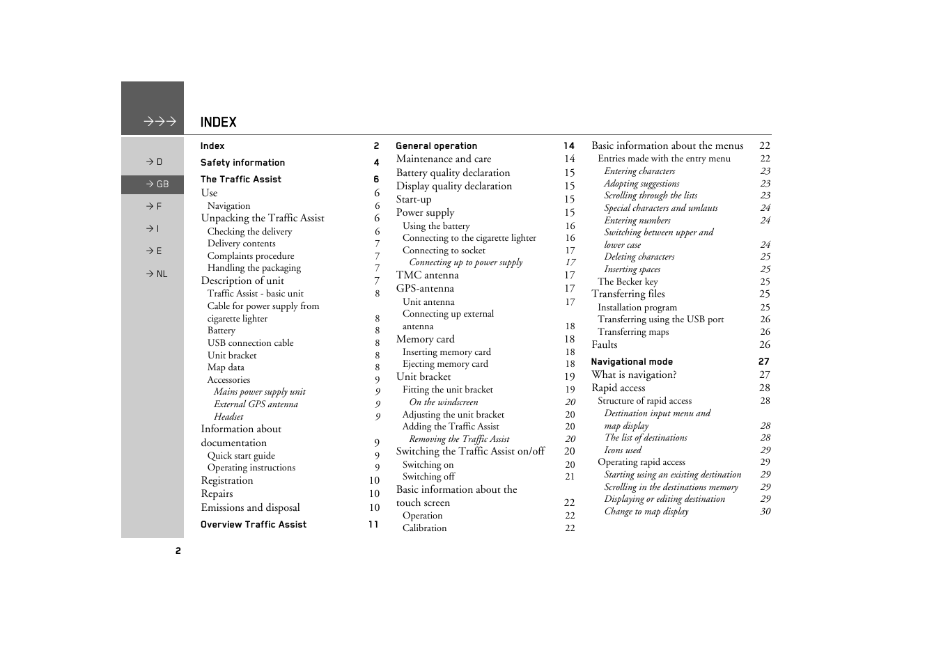 Index | Becker TRAFFIC ASSIST Z101 User Manual | Page 2 / 68