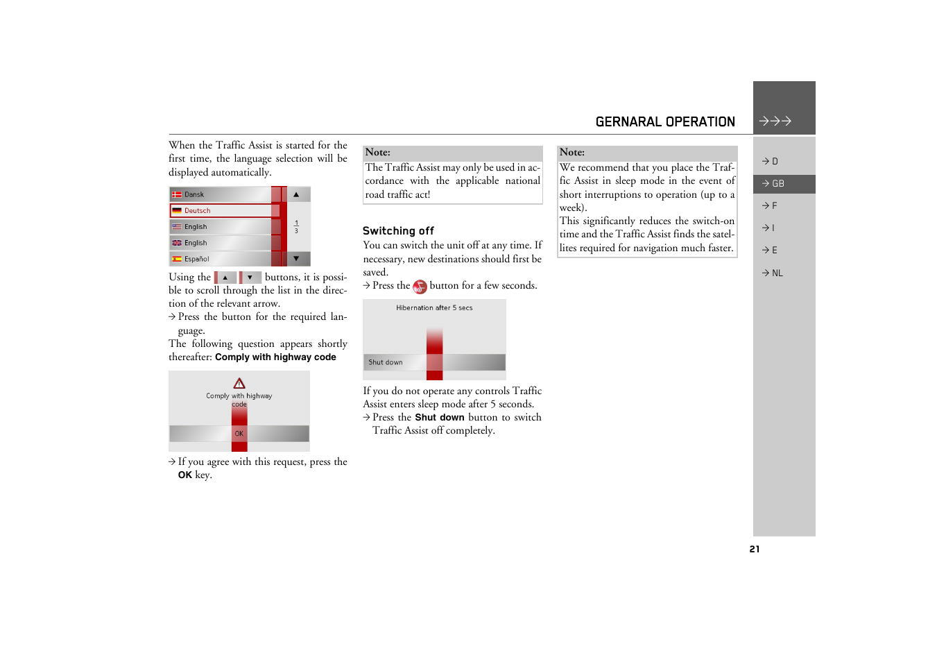 Switching off, Gernaral operation | Becker TRAFFIC ASSIST Z101 User Manual | Page 21 / 68