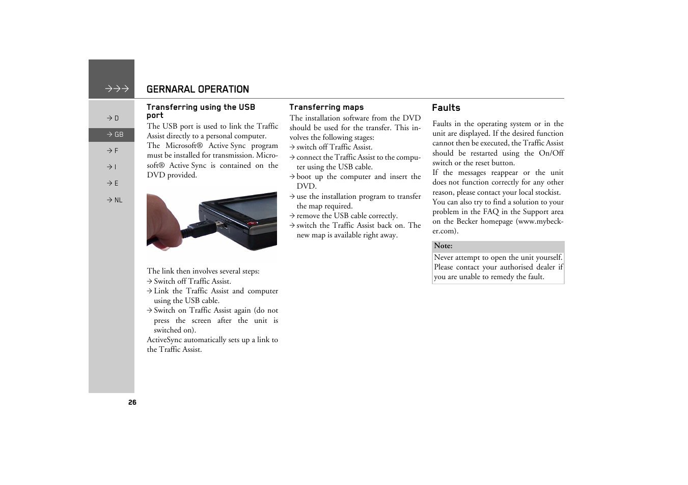 Transferring using the usb port, Transferring maps, Faults | Becker TRAFFIC ASSIST Z101 User Manual | Page 26 / 68