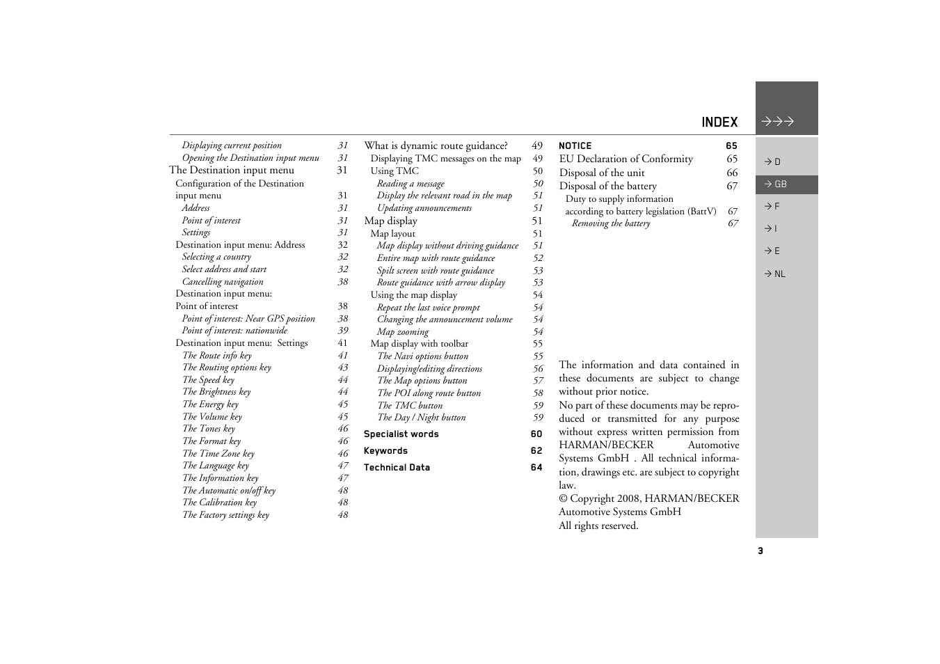 Index | Becker TRAFFIC ASSIST Z101 User Manual | Page 3 / 68