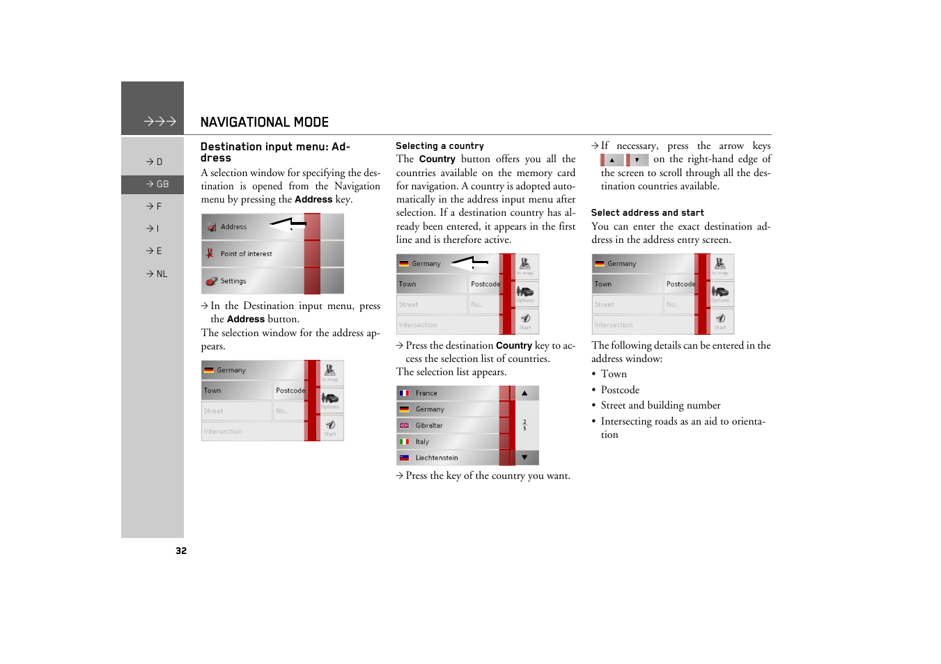 Destination input menu: address, Selecting a country, Select address and start | See "destination input menu: address, Navigational mode | Becker TRAFFIC ASSIST Z101 User Manual | Page 32 / 68