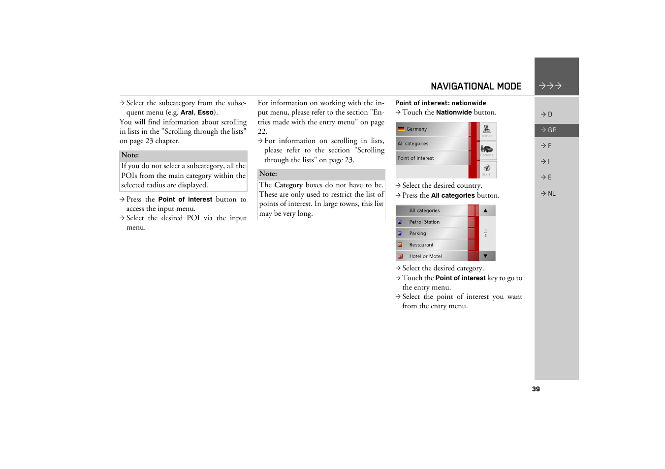 Point of interest: nationwide, Navigational mode | Becker TRAFFIC ASSIST Z101 User Manual | Page 39 / 68