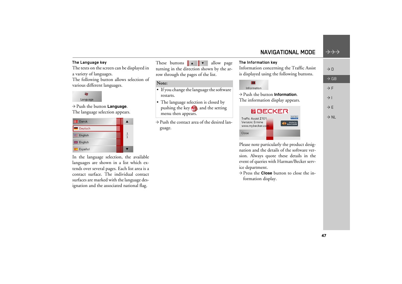 The language key, The information key, Navigational mode | Becker TRAFFIC ASSIST Z101 User Manual | Page 47 / 68